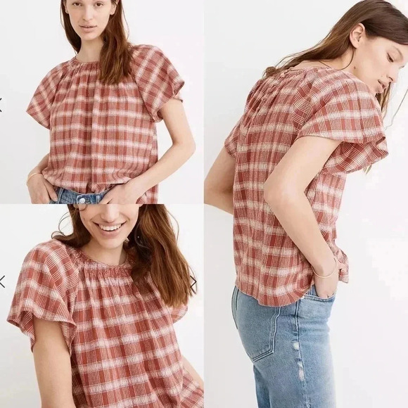 Madewell Plaid Gauze Flutter-Sleeve Top Size Small - Picture 1 of 8